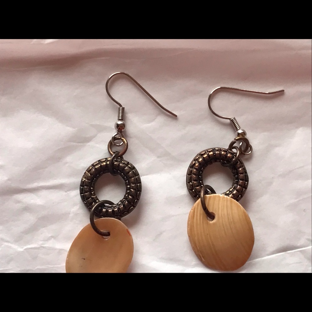 Bundle to get $3 price.Antiqued metal finding with white shell fragment earrings